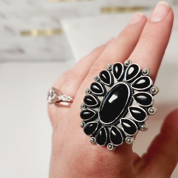 Black Onyx Solid Sterling Silver Adjuatable Ring - Picture 5 of 5